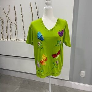 Coral Bay Green Top with Colorful Butterfly Accents